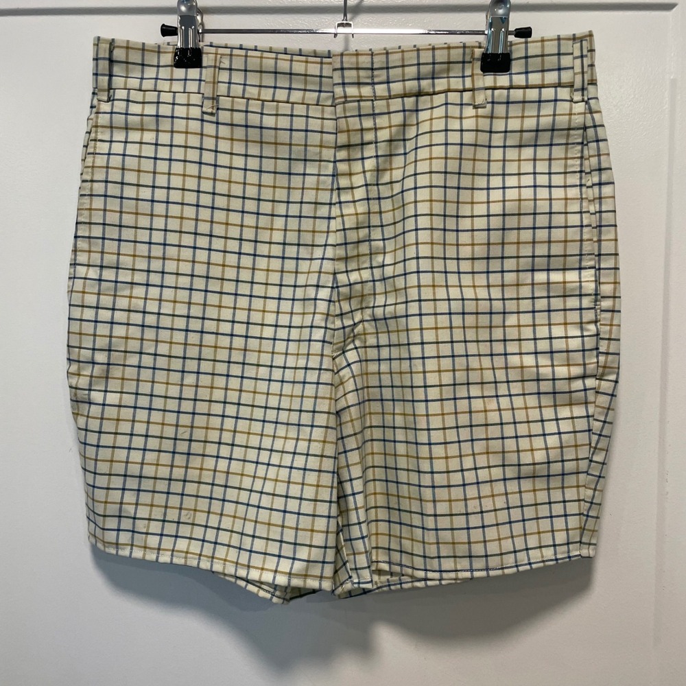 Farah Vintage Plaid Shorts Mens 31 Tan Blue Checkered Made in USA Retro Preppy